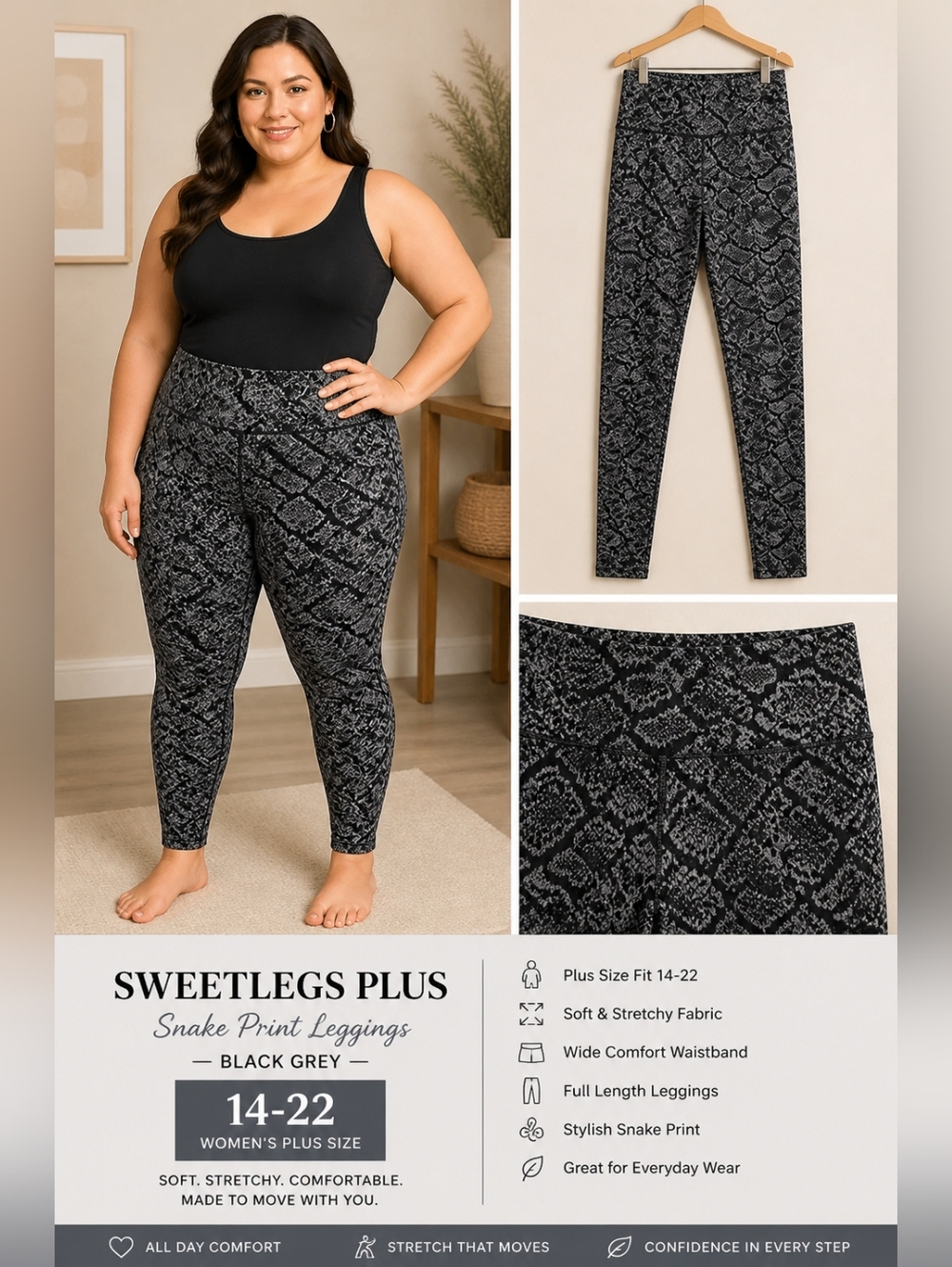 Sweetlegs Plus Snake Print Leggings Black Grey Fits Sizes 14-22